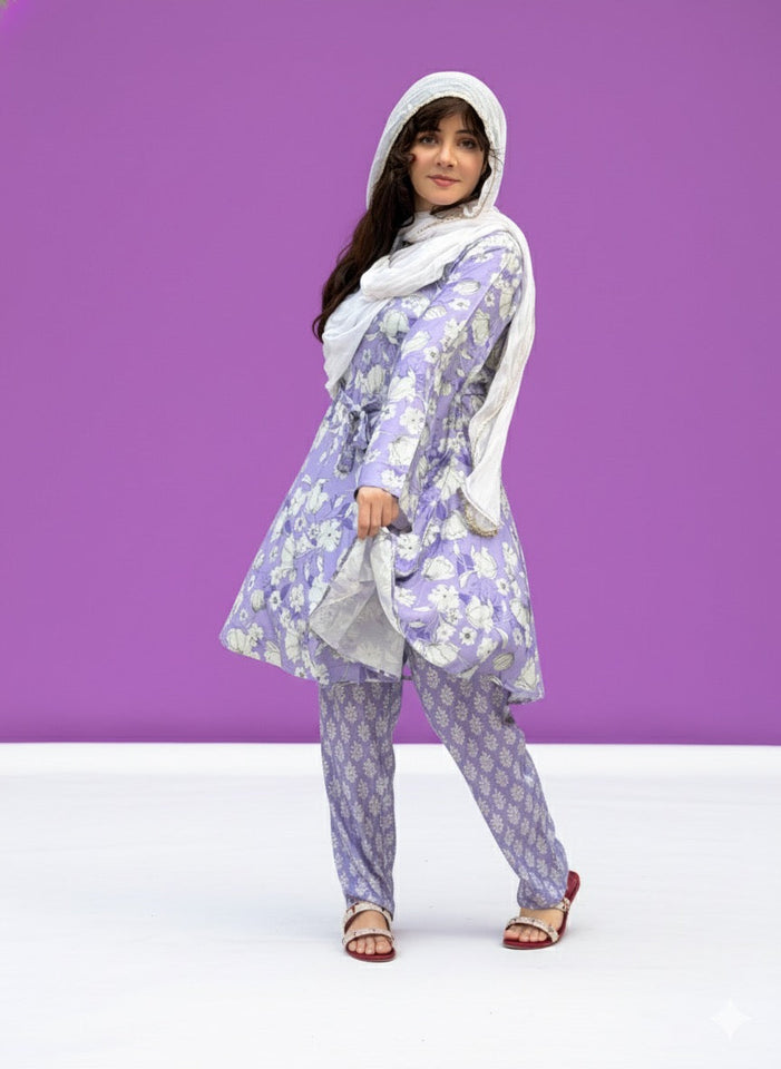 2 Pc Purple Floral Belt Suit