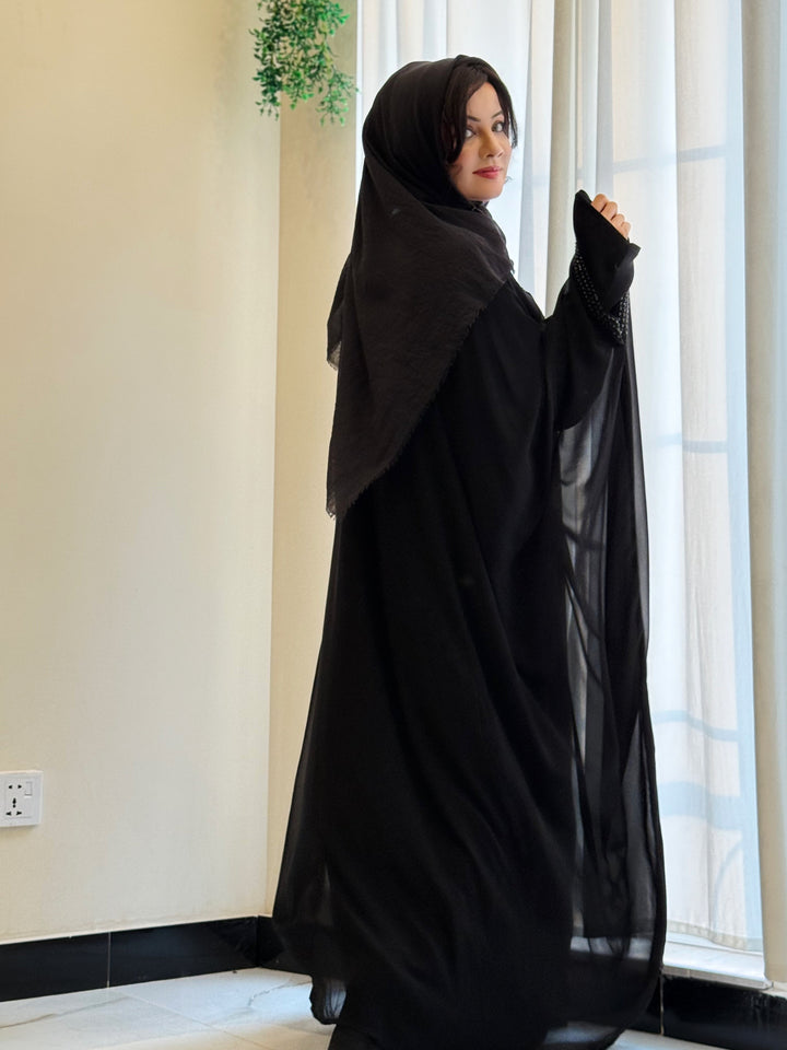 Elegant Black Abaya with Black Stone Detailing – Haya by Rabi